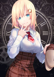 Rule 34 | 1girl, blonde hair, blue eyes, breasts, clock, closed mouth, commentary request, cowboy shot, deerstalker, gears, hair ornament, hand on own face, hand up, hat, high-waist skirt, highres, holding, holding clothes, holding hat, hololive, hololive english, large breasts, long sleeves, looking at viewer, necktie, plaid, plaid skirt, re lucy, roman numeral, shirt, shirt tucked in, skirt, smile, solo, unworn hat, unworn headwear, virtual youtuber, watson amelia, watson amelia (1st costume), white shirt
