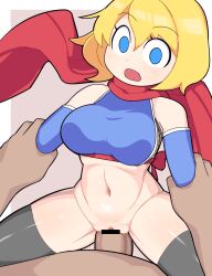 Rule 34 | 1boy, 1girl, alice margatroid, arm grab, bar censor, black thighhighs, blonde hair, blue eyes, blue gloves, blush, bottomless, breasts, brown background, censored, clothed sex, commentary, cookie (touhou), cowboy shot, cowgirl position, elbow gloves, fishnets, girl on top, gloves, hair between eyes, hetero, hospital king, large breasts, medium bangs, navel, ninja, open mouth, penis, pussy, red scarf, scarf, sex, shiny skin, short hair, solo focus, straddling, textless version, thighhighs, touhou, two-tone background, underbust, vaginal, web (cookie), white background