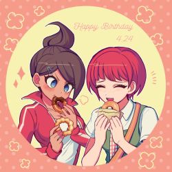 Rule 34 | 2girls, :d, apron, asahina aoi, blush, breasts, brown hair, closed mouth, commentary request, danganronpa: trigger happy havoc, danganronpa (series), danganronpa 2: goodbye despair, doughnut, eating, food, freckles, green apron, hair ornament, hairclip, hands up, happy birthday, holding, holding food, jacket, koizumi mahiru, long sleeves, medium breasts, multiple girls, notice lines, open mouth, plaid neckwear, ponytail, red background, red hair, red jacket, sasakama (sasagaki01), shirt, short sleeves, smile, teeth, track jacket, upper body, upper teeth only, v-shaped eyebrows, white shirt, yellow background