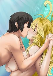 Rule 34 | 1boy, 1girl, against wall, bare shoulders, black hair, blonde hair, blush, breast on chest, breast press, breasts, cholesenel, couple, closed eyes, holding hands, hetero, interlocked fingers, jewelry, jude mathis, kiss, large breasts, long hair, milla maxwell, necklace, nude, short hair, tales of (series), tales of xillia, topless