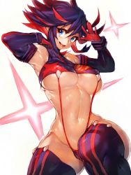 Rule 34 | 1girl, adapted costume, bare shoulders, black gloves, black hair, blue eyes, blue thighhighs, breasts, cowboy shot, elbow gloves, fumio (rsqkr), gloves, highres, kill la kill, large breasts, looking to the side, matoi ryuuko, multicolored hair, navel, open mouth, red hair, revealing clothes, senketsu, simple background, smile, solo, suspenders, thighhighs, thighs, two-tone hair, underboob, white background, wide hips