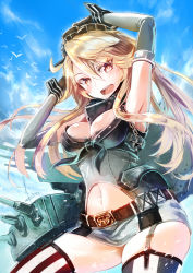Rule 34 | 16-inch/50-caliber mark 7 gun, 1girl, armpits, arms up, artillery, blonde hair, breasts, brown eyes, cannon, cleavage, clothes writing, cloud, day, gloves, iowa-class battleship, iowa (kancolle), kantai collection, kito (kito2), long hair, looking at viewer, midriff, naval artillery, naval gun, navel, open mouth, skirt, sky, smile, solo, thighhighs, turret, uniform, uss iowa (bb-61)