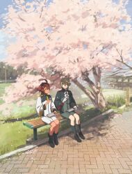 Rule 34 | 1boy, 1girl, 314pic, ahoge, ascot, asticassia school uniform, bench, black footwear, black hairband, blonde hair, cherry blossoms, eating, elan ceres, falling petals, full body, gold trim, grass, green jacket, green shorts, gundam, gundam suisei no majo, hair between eyes, hairband, highres, jacket, long sleeves, looking at another, outdoors, petals, red hair, school uniform, short hair with long locks, shorts, sitting, suletta mercury, white ascot, white jacket, white shorts