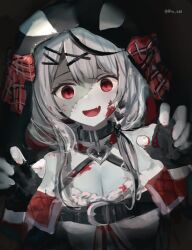 Rule 34 | 1girl, absurdres, animal collar, animal hood, black collar, black hair, black jacket, bliss htt, blood, blood on chest, blood on face, breasts, camisole, chest belt, claw pose, cleavage, collar, colored skin, fang, grey hair, grey skin, hair ornament, hairclip, highres, hololive, hood, jacket, large breasts, looking at viewer, medium hair, multicolored hair, off-shoulder jacket, off shoulder, open mouth, orca hood, outstretched arms, red eyes, sakamata chloe, sakamata chloe (1st costume), short hair with long locks, sidelocks, smile, solo, stitched face, stitches, streaked hair, upper body, virtual youtuber, white camisole, x hair ornament, zombie, zombie pose, zombification