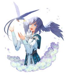 Rule 34 | 1girl, :d, beak hold, bird, bird wings, blue bird, blue capelet, blue eyes, blue gemstone, blue hair, brooch, capelet, collared dress, commentary, cropped torso, dress, falling petals, feathered wings, final fantasy, final fantasy xiv, flower, from side, gem, hands up, head wings, highres, jewelry, juliet sleeves, long sleeves, looking at animal, meteion, mouth hold, mt (ringofive), open mouth, petals, puffy sleeves, purple flower, reaching, short hair, simple background, smile, solo, tassel, upper body, white background, white dress, wings, yellow flower