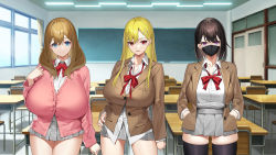 Rule 34 | 3girls, :&gt;, arm at side, black hair, blonde hair, blue eyes, bow, bowtie, breasts, brown hair, chair, chalkboard, classroom, closed mouth, desk, door, face mask, feet out of frame, female focus, hair over shoulder, hand on own hip, hand on own chest, hand up, hands in pockets, highres, huge breasts, indoors, large breasts, legs, long hair, looking at viewer, mask, medium hair, multiple girls, original, pink eyes, red eyes, red neckwear, school uniform, skirt, smile, standing, suinose, thighhighs, thighs, vest, window, zettai ryouiki