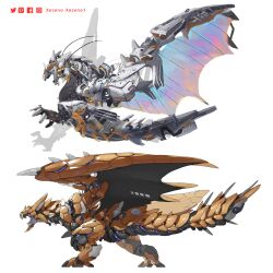 Rule 34 | animal focus, artist name, commentary, dragon, english commentary, facebook logo, facebook username, flying, from behind, gold rathian, gradient wings, highres, holographic wings, instagram logo, instagram username, mecha, mechanization, monster hunter (series), multicolored wings, no humans, open mouth, pixiv logo, pixiv username, robot, silver rathalos, simple background, twitter logo, twitter username, white background, wings, wyrm, xezeno