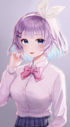 Rule 34 | 1girl, :p, absurdres, bad id, bad twitter id, blue eyes, blush, bow, breasts, collared shirt, commentary, dd 0000, dress shirt, gradient background, hair ornament, hairband, hairclip, hand up, highres, large breasts, long sleeves, looking at viewer, medium hair, nijisanji, nijisanji kr, nun bora, nun bora (2nd costume), pink bow, plaid, plaid skirt, pleated skirt, purple hair, shirt, skirt, smile, solo, striped, striped bow, tongue, tongue out, virtual youtuber, white hairband, white shirt