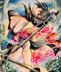 Rule 34 | 1girl, absurdres, ass, backless outfit, black hair, blue eyes, breasts, dual wielding, heterochromia, highres, holding, large breasts, red eyes, samurai spirits, shiki (samurai spirits), sideboob, snk, solo, sword, weapon