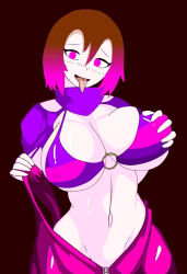 Rule 34 | bete noire, bra, breasts, brown hair, clothes, glitchtale, highres, huge breasts, pink eyes, pink hair, short hair, tongue, tongue out, underwear, zipper