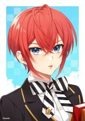 Rule 34 | 1boy, antenna hair, black jacket, blue eyes, bow, bowtie, formal, hair between eyes, heart antenna hair, highres, jacket, kwakah, looking at viewer, male focus, outside border, red hair, riddle rosehearts, short hair, solo, striped bow, striped bowtie, striped clothes, suit, tongue, tongue out, twisted wonderland