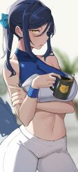 Rule 34 | 1girl, absurdres, annoyed, arm under breasts, bare shoulders, blue hair, blurry, blurry background, breasts, coffee mug, covered collarbone, cowboy shot, crop top, cup, dark blue hair, halterneck, highres, large breasts, long hair, looking at viewer, midriff, mug, navel, open mouth, original, pants, ponytail, sidelocks, sleeveless, sleeveless turtleneck, solo, tail, tsurime, turtleneck, vuxer, white pants, wristband, yellow eyes