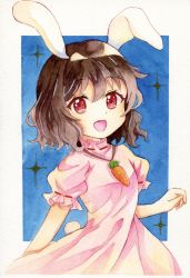 Rule 34 | 1girl, :d, animal ears, breasts, brown hair, carrot necklace, dress, highres, inaba tewi, jewelry, looking at viewer, necklace, open mouth, pink dress, puffy sleeves, rabbit ears, rabbit tail, red eyes, secchi, shikishi, short hair, short sleeves, small breasts, smile, solo, sparkle, tail, touhou, traditional media