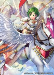 Rule 34 | 1boy, 1girl, armor, boots, breastplate, cape, cloud, commentary, company name, copyright name, day, dragon, elbow gloves, feathers, fire emblem, fire emblem: thracia 776, fire emblem cipher, gloves, green eyes, green hair, helmet, holding, holding weapon, horseback riding, karin (fire emblem), lips, looking at viewer, matsurika youko, nintendo, official art, outdoors, pegasus, pegasus knight uniform (fire emblem), polearm, reins, riding, saddle, short hair, shoulder pads, sky, smile, solo focus, sparkle, spear, thigh boots, thighhighs, weapon, white armor, white footwear, white gloves, wings, wyvern