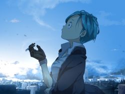 Rule 34 | 1girl, blue eyes, blue hair, blue theme, bulma, cigarette, day, dragon ball, dragonball z, earrings, expressionless, gloves, jacket, jewelry, looking away, looking up, monochrome, po (poppa-pict), shirt, short hair, sky, smoke, smoking, solo, solo focus, white shirt