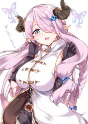 Rule 34 | 10s, 1girl, bad id, bad twitter id, black gloves, blue eyes, blush, breasts, demon horns, draph, elbow gloves, female focus, fingerless gloves, gloves, granblue fantasy, hair over one eye, haruyuki (yukichasoba), horns, large breasts, long hair, looking at viewer, narmaya (granblue fantasy), open mouth, pointy ears, smile, solo, thighhighs, translated