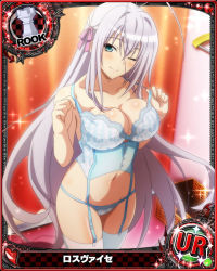 Rule 34 | 1girl, antenna hair, blue eyes, blue panties, blush, breasts, card (medium), chess piece, cleavage, corset, female focus, garter straps, hair ribbon, high school dxd, large breasts, lingerie, long hair, looking at viewer, navel, official art, one eye closed, panties, pink ribbon, ribbon, rook (chess), rossweisse, silver hair, smile, standing, thighhighs, underwear, underwear only, white thighhighs, wink