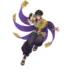 Rule 34 | 1boy, attack, baggy pants, bracelet, bridal gauntlets, brown eyes, brown hair, claude von riegan, claude von riegan (winds offered), fire emblem, fire emblem: three houses, fire emblem heroes, gold cape, headband, holding pinwheel, jewelry, nintendo, non-web source, official alternate costume, official art, pants, pinwheel, single bare shoulder, smile, solo, white background
