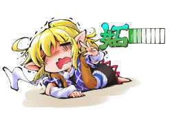 Rule 34 | 1girl, ahoge, arm warmers, blonde hair, closed eyes, health bar, lying, mizuhashi parsee, on stomach, open mouth, outstretched arm, pointy ears, scarf, shinapuu, skirt, touhou