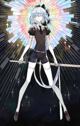 Rule 34 | absurdres, androgynous, belt, black necktie, black shorts, black vest, blue eyes, blue hair, brown footwear, closed mouth, collared shirt, commentary request, diamond (houseki no kuni), elbow gloves, gender request, gloves, hair between eyes, highres, holding, holding sheath, holding sword, holding weapon, houseki no kuni, legs apart, looking at viewer, mosaic pattern, necktie, puffy short sleeves, puffy sleeves, rosette (yankaixuan), sheath, shirt, shoes, short hair, short sleeves, shorts, smile, solo, standing, sword, thighhighs, unsheathing, vest, weapon, white shirt, white thighhighs
