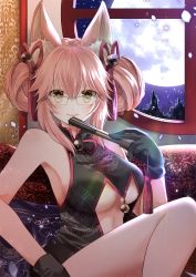 Rule 34 | 1girl, animal ear fluff, animal ears, bare shoulders, bell, black dress, black gloves, blush, breasts, center opening, china dress, chinese clothes, cleavage, cleavage cutout, closed mouth, clothing cutout, commentary request, dress, fate/grand order, fate (series), folded fan, folding fan, fox ears, glasses, gloves, hair between eyes, hair ornament, hand fan, highres, holding, iroha (shiki), jingle bell, koyanskaya (chinese lostbelt outfit) (fate), koyanskaya (fate), large breasts, looking at viewer, pink hair, sidelocks, smile, solo, tamamo (fate), underboob, yellow eyes