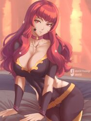 1girl arm_support belt breasts choker cleavage commentary facial_mark fire_emblem fire_emblem_engage highres johncgz large_breasts long_hair looking_at_viewer nintendo purple_choker red_eyes red_hair short_sleeves solo star_(symbol) thighs very_long_hair yellow_belt yunaka_(fire_emblem)