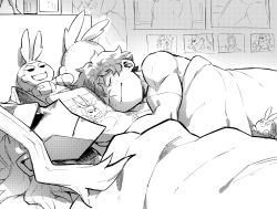 Rule 34 | 2boys, 500 dollar four foot tall mareep (meme), all might, bed, bedroom, blanket, boku no hero academia, character doll, closed eyes, closed mouth, commentary request, dakimakura (object), freckles, greyscale, halftone, highres, indoors, lying, male focus, midoriya izuku, monochrome, multiple boys, nasu b, on back, on side, pillow, poster (object), short hair, short hair with long locks, sidelocks, sleeping, under covers, yagi toshinori