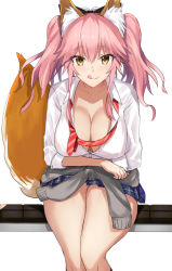 Rule 34 | 1girl, akatsuki ikki, animal ear fluff, animal ears, black bow, blue skirt, blush, bow, breasts, cardigan, cardigan around waist, cleavage, closed mouth, clothes around waist, collarbone, collared shirt, dress shirt, fang, fate/extra, fate (series), fox ears, fox girl, fox tail, grey cardigan, hair between eyes, hair bow, head tilt, large breasts, leaning forward, licking lips, long hair, loose necktie, necktie, official alternate costume, one eye closed, pink hair, pink necktie, school uniform, shirt, short sleeves, sidelocks, simple background, sitting, skirt, smile, solo, tail, tamamo (fate), tamamo no mae (fate/extra), tongue, tongue out, twintails, very long hair, white background, white shirt, yellow eyes