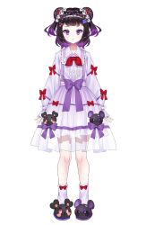 Rule 34 | 1girl, animal slippers, black footwear, black hair, blush, bow, chobi (penguin paradise), collared shirt, copyright request, double bun, hair bun, hair ornament, highres, long sleeves, multicolored hair, multiple views, official art, pleated skirt, puffy long sleeves, puffy sleeves, purple eyes, purple hair, purple shirt, purple skirt, red bow, see-through, shirt, simple background, skirt, skull hair ornament, sleeves past wrists, slippers, socks, two-tone hair, two side up, virtual youtuber, white background, white socks