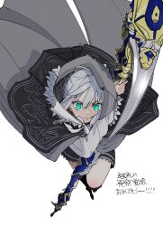 Rule 34 | 1girl, ahoge, aqua eyes, black cape, black skirt, bow, bowtie, braid, cape, citron80citron, closed mouth, fate/grand order, fate (series), gray (fate), highres, holding, holding scythe, jumping, looking at viewer, lord el-melloi ii case files, scythe, short hair, simple background, skirt, solo, white background, white bow, white bowtie, white hair