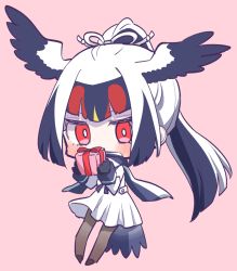 Rule 34 | 1girl, black gloves, black hair, black pantyhose, blush, box, character request, chibi, commentary request, dress, full body, gift, gift box, gloves, head wings, highres, kemono friends, long hair, looking at viewer, multicolored hair, pantyhose, petit ramune, pink background, ponytail, red eyes, red hair, scarf, simple background, solo, streaked hair, tail, white dress, white hair, wings
