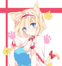 Rule 34 | alice margatroid, animal ears, animal hands, blonde hair, blue dress, blue eyes, bow, breasts, capelet, cat day, cat ears, cat paws, cat tail, closed mouth, commentary request, dress, frilled capelet, frills, hair between eyes, hairband, highres, ichimura kanata, kemonomimi mode, lolita hairband, looking at viewer, medium breasts, paw pose, paw print, red bow, red hairband, short hair, smile, tail, tail bow, tail ornament, touhou, upper body, wrist cuffs
