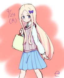 Rule 34 | 1girl, abigail williams (fate), alternate costume, arm at side, bad id, bad pixiv id, bag, blonde hair, blue shirt, blue skirt, blush, bow, closed mouth, collared shirt, cowboy shot, dated, dress shirt, fate/grand order, fate (series), forehead, gradient background, hair bow, hand up, holding, kujou karasuma, long hair, long sleeves, looking at viewer, looking to the side, parted bangs, pleated skirt, purple bow, red background, shirt, signature, sketch, skirt, sleeves past wrists, solo, standing, sweater vest, very long hair, white background