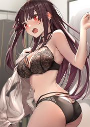 Rule 34 | 1girl, ass, bare shoulders, black bra, black panties, blouse, blunt bangs, blush, bra, breasts, brown hair, butt crack, choker, cleavage, commentary, cowboy shot, dress shirt, duplicate, girls&#039; frontline, hair ribbon, highres, holding, holding clothes, holding shirt, hyury, indoors, lace, lace bra, lace panties, large breasts, long hair, one side up, open mouth, panties, photoshop (medium), pixel-perfect duplicate, purple hair, red eyes, red ribbon, ribbon, shirt, sidelocks, solo, sweatdrop, twisted torso, underwear, wa2000 (girls&#039; frontline), white shirt