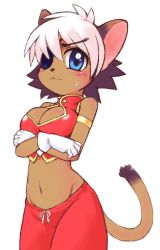 Rule 34 | 1girl, alicia priss, animal ears, blush, breasts, cat ears, cleavage, cyber connect 2, dark-skinned female, dark skin, dyed bangs, eyepatch, frown, furry, furry female, gloves, little tail bronx, multicolored hair, navel, short hair, simple background, solo, sotto, sweat, tail, tail concerto, two-tone hair, white background, white hair