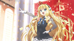 Rule 34 | 1girl, :d, arm up, azur lane, blonde hair, blue eyes, blurry, bow, breasts, confetti, covered navel, cowboy shot, cropped, crown, depth of field, detached collar, detached sleeves, dress, fang, gloves, hair bow, hairband, hand on own hip, highres, indoors, long hair, mini crown, nauribon, non-web source, official art, open mouth, queen elizabeth (azur lane), ringlets, short dress, sidelocks, small breasts, smile, solo, very long hair, white gloves