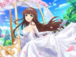 Rule 34 | 1girl, ahoge, blue sky, blush, bow, breasts, bride, brown hair, carriage, clothes lift, cloud, day, dress, elbow gloves, falling petals, flower, frilled dress, frilled gloves, frills, gloves, green eyes, lace, lace-trimmed dress, lace trim, large breasts, leaf, lens flare, long hair, looking at viewer, official alternate costume, official art, open mouth, outdoors, petals, pink flower, pink rose, rose, senran kagura, senran kagura new link, shiny skin, sideboob, skirt, skirt lift, sky, smile, solo, tiara, tongue, tree, ui (senran kagura), waist bow, wedding, wedding dress, white bow, white dress, white gloves, yaegashi nan