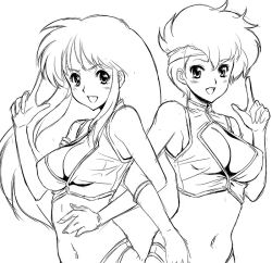 Rule 34 | 1980s (style), 2girls, breasts, cleavage, cleavage cutout, clothing cutout, covered erect nipples, dirty pair, fugetsu taku, greyscale, kei (dirty pair), lineart, midriff, monochrome, multiple girls, navel, oldschool, retro artstyle, simple background, yuri (dirty pair)