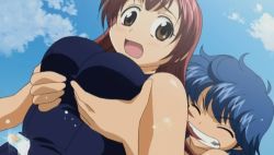 Rule 34 | 00s, 2girls, :o, ^ ^, amaenaideyo!!, animated, animated gif, atouda yuuko, blue hair, blush, grabbing another&#039;s breast, breasts, brown eyes, cleavage, cloud, dutch angle, closed eyes, grabbing, grin, groping, large breasts, long hair, multiple girls, nanbu chitose, naughty face, one-piece swimsuit, open mouth, outdoors, pink hair, school swimsuit, screencap, short hair, sky, smile, splashing, surprised, swimsuit, water, yuri