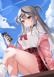 Rule 34 | belt, black belt, black choker, blue sky, blush, bow, breasts, cardigan, cellphone, choker, cloud, cloudy sky, crossed legs, day, earrings, grey hair, hair ornament, hairclip, heart, heart hair ornament, holding, holding phone, hololive, jewelry, long hair, long sleeves, looking at viewer, medium breasts, multicolored hair, noboru (kamine204136), open cardigan, open clothes, outdoors, phone, plaid, plaid bow, plaid skirt, pleated skirt, red nails, sakamata chloe, school uniform, shirt, sitting, skirt, sky, streaked hair, two side up, virtual youtuber, white shirt, x hair ornament
