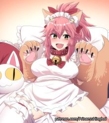 Rule 34 | 1girl, animal ear fluff, animal ears, animal hands, apron, bare shoulders, bell, blush, bow, breasts, cat hair ornament, cat paws, claws, collar, fang, fate/extra, fate/grand order, fate (series), fox ears, fox tail, frills, gloves, gradient background, hair between eyes, hair bow, hair ornament, highres, hinghoi, jingle bell, large breasts, long hair, looking at viewer, lying, maid headdress, naked apron, neck bell, on back, on bed, open mouth, orange background, paw gloves, pillow, pink hair, ponytail, red bow, sidelocks, single thighhigh, smile, solo, spread legs, tail, tamamo (fate), tamamo cat (fate), tamamo cat (third ascension) (fate), thighhighs, thighs, watermark, web address, white thighhighs, yellow eyes