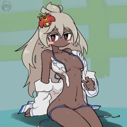 Rule 34 | 1girl, arm support, bare shoulders, dark skin, female focus, hair ornament, long hair, looking at viewer, navel, red eyes, simple background, sitting, solo, the amboina, zooey (granblue fantasy)