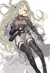 Rule 34 | 1girl, a-545 (girls&#039; frontline), absurdres, black gloves, black thighhighs, blue eyes, bodysuit, breasts, breasts apart, elbow gloves, feet out of frame, girls&#039; frontline, gloves, grey hair, hand on own stomach, highres, long hair, looking at viewer, medium breasts, messikid, solo, thighhighs, twintails, very long hair, white background