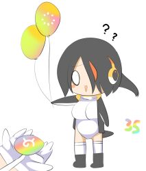 Rule 34 | 2girls, ?, balloon, bird tail, black footwear, black hair, black jacket, blush stickers, boots, captain (kemono friends), chibi, commentary request, emperor penguin (kemono friends), full body, hair between eyes, hair over one eye, headphones, holding, holding balloon, jacket, japari symbol, kemono friends, kemono friends 3, lets0020, long bangs, multicolored hair, multiple girls, numbered, o o, one-piece swimsuit, open clothes, open jacket, open mouth, orange hair, short hair, simple background, smile, solo focus, standing, streaked hair, swimsuit, tail, thighhighs, triangle mouth, white background, white one-piece swimsuit, white thighhighs