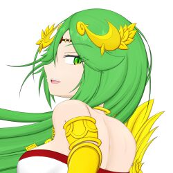 Rule 34 | 1girl, ancient greek clothes, armlet, breasts, chiton, dress, forehead jewel, green eyes, green hair, highres, jewelry, kfishing225a, kid icarus, kid icarus uprising, large breasts, laurel crown, long hair, nintendo, palutena, parted bangs, pendant, sideboob, solo, strapless, strapless dress, teeth, upper body, upper teeth only, vambraces, very long hair, white dress
