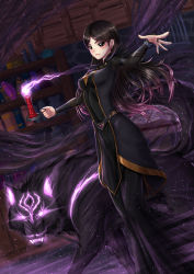 Rule 34 | 1girl, adsouto, artist name, black dress, black eyes, black hair, black sclera, blush, book, bookshelf, bracelet, breasts, bridal gauntlets, candle, claudia (the dragon prince), colored sclera, commentary, dress, dutch angle, earrings, english commentary, highres, holding, indoors, jewelry, lips, long hair, looking at viewer, magic, medium breasts, outstretched arms, smile, solo, spread arms, standing, the dragon prince, watermark, wolf