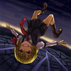 Rule 34 | 1girl, bad id, bad pixiv id, blonde hair, boots, hair ribbon, kurione (zassou), open mouth, outstretched arms, red eyes, ribbon, rumia, short hair, skirt, smile, solo, touhou, upside-down
