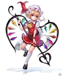 Rule 34 | 1girl, absurdres, ascot, bad id, bad pixiv id, blonde hair, blue eyes, dikko, dress, flandre scarlet, hat, hat ribbon, heart, heart wings, highres, laevatein, mary janes, mob cap, puffy short sleeves, puffy sleeves, red dress, revision, ribbon, sash, shirt, shoes, short sleeves, side ponytail, signature, solo, touhou, wings, wrist cuffs