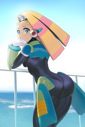Rule 34 | 1girl, alternate breast size, ass, blonde hair, blue eyes, bodysuit, breasts, from behind, gloves, hand on own chin, highres, leaning, leaning forward, long hair, looking at viewer, looking back, mega man (series), mega man x (series), multicolored hair, pallette (mega man), pink hair, shiny clothes, sideboob, skin tight, solo, ultracat7724