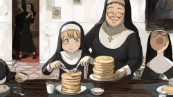 Rule 34 | 6+girls, ^ ^, blonde hair, blue eyes, closed eyes, clumsy nun (diva), cross, cross necklace, cup, diva (hyxpk), doorway, dress, eating, facing viewer, food, food on face, fork, freckles nun (diva), glasses, glasses nun (diva), habit, hand on own hip, highres, jewelry, knife, little nuns (diva), long hair, looking at another, looking to the side, mature female, milk, mole, mole under eye, multiple girls, necklace, nun, old, old woman, open mouth, original, pancake, pancake nun (diva), pancake stack, plate, poster (object), round eyewear, running bond, sitting, smile, stone floor, stone wall, strict nun (diva), sweat, sweatdrop, table, traditional nun, walking, wall